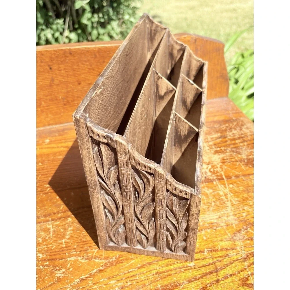 Vintage Lerner Desk Organizer Sorter Caddy Faux Carved Wood Mail Bills Utensils